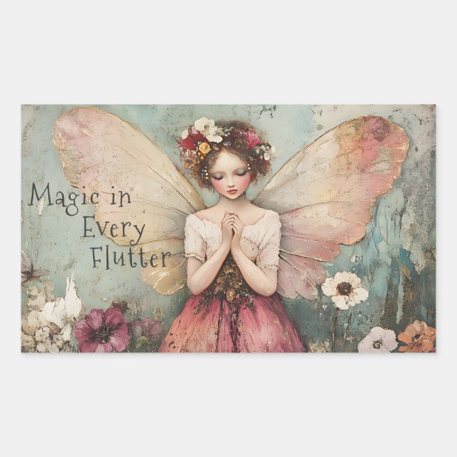 Sticker Rectangulaire Magique Whimsical Fairy & Flower Garden avec devis (Devant)