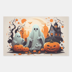 Sticker Rectangulaire Maison hantée, fantôme et citrouilles