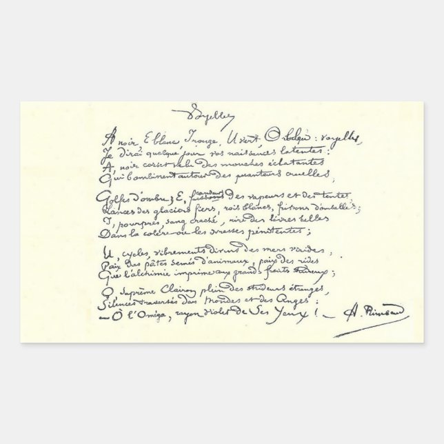 Sticker Rectangulaire manuscrit autographe de Voyelles (Rimbaud) (Devant)