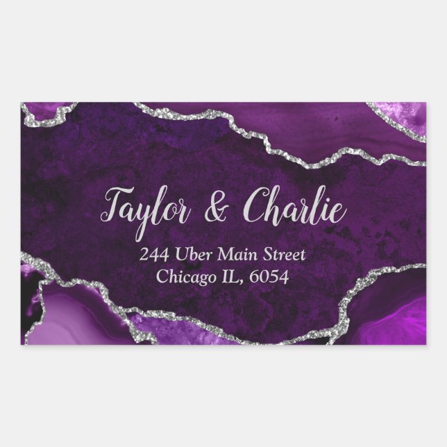 Sticker Rectangulaire Marbre d'agate Faux Paillettes Violet et Argent (Devant)