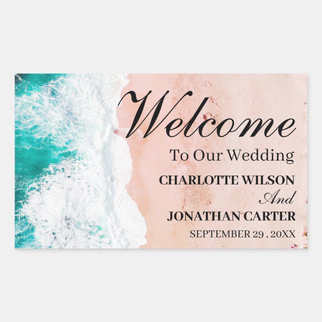 Sticker Rectangulaire Mariage de plage côtière tropicale Sac de bienvenu (Devant)