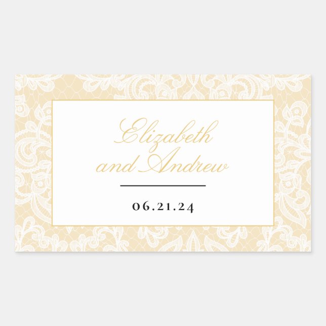 Sticker Rectangulaire Mariage de script élégant en dentelle noire et or (Devant)