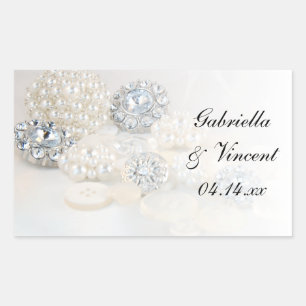 Sticker Rectangulaire Mariage Faux White Pearl and Diamond Buttons