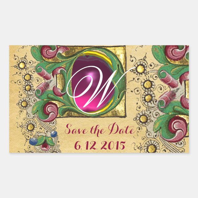 STICKER RECTANGULAIRE MARIAGE SAUVER DATE FLORAL PARCHMENT GEM MONOGRAMM (Devant)