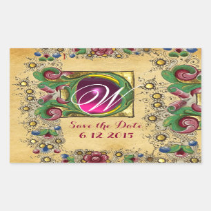 STICKER RECTANGULAIRE MARIAGE SAUVER DATE FLORAL PARCHMENT GEM MONOGRAMM