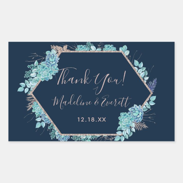 Sticker Rectangulaire Marine Blue Succulents et Rose Mariage or Merci (Devant)
