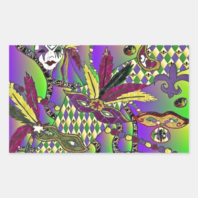 Sticker Rectangulaire Masques de plumes de mardi gras psychédélique (Devant)