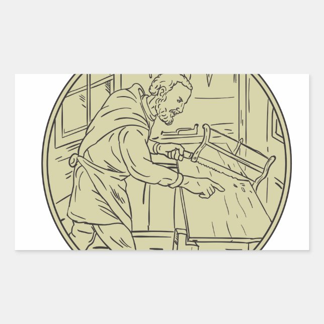 Sticker Rectangulaire Médieval carpenter Sawing Wood Circle Retro (Devant)
