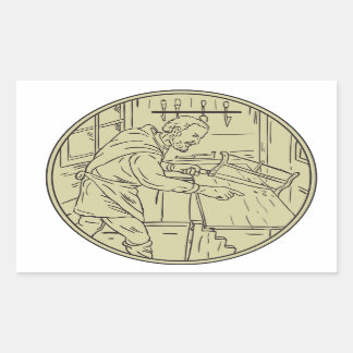 Sticker Rectangulaire Médieval carpenter Sawing Wood Circle Retro