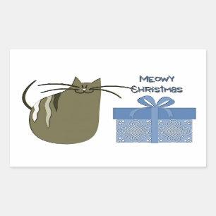 Sticker Rectangulaire Meowy Christmas Grey Chat avec cadeau bleu