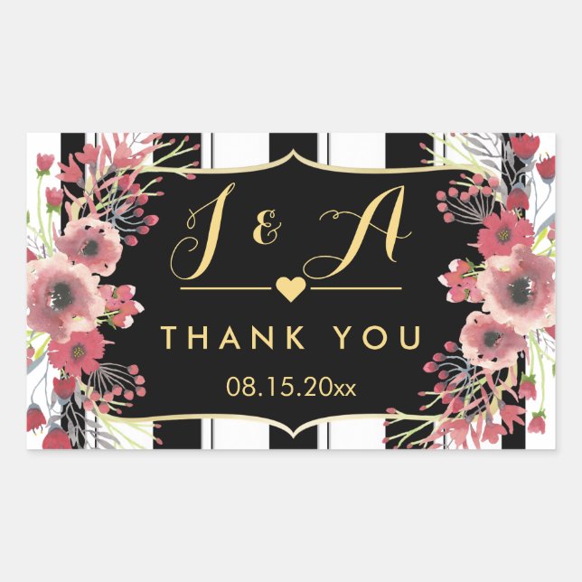 Sticker Rectangulaire Merci d'aquarelle florale à rayures classiques (Devant)