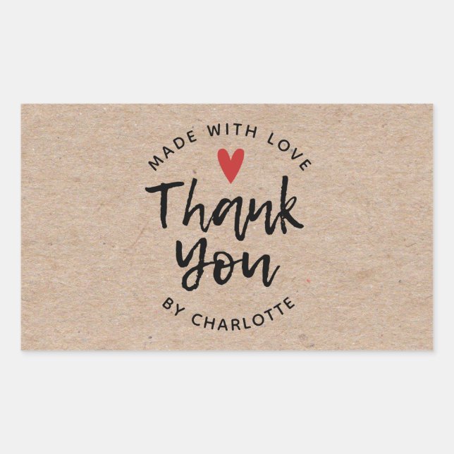 Sticker Rectangulaire Merci fait main avec amour rustique Kraft (Devant)