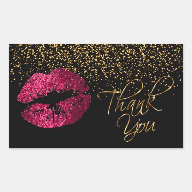 Sticker Rectangulaire Merci - Lèvres roses avec Confetti Or (Devant)