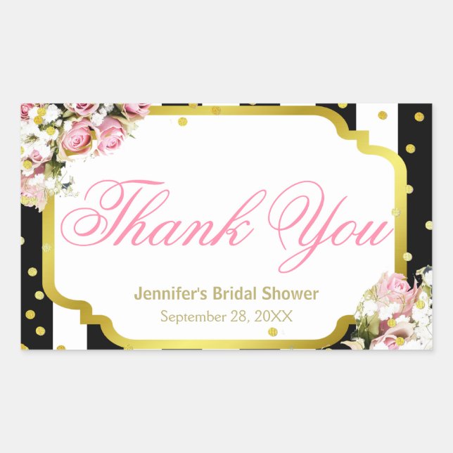 Sticker Rectangulaire Merci - Roses roses roses, rayures et confetti (Devant)