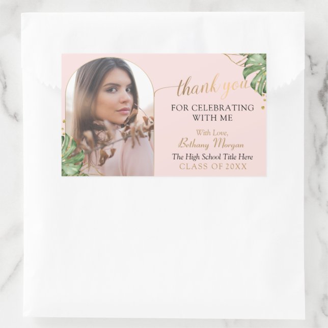 Sticker Rectangulaire Merci Tropical Rose Gold Arch Photo Graduation (Sac)