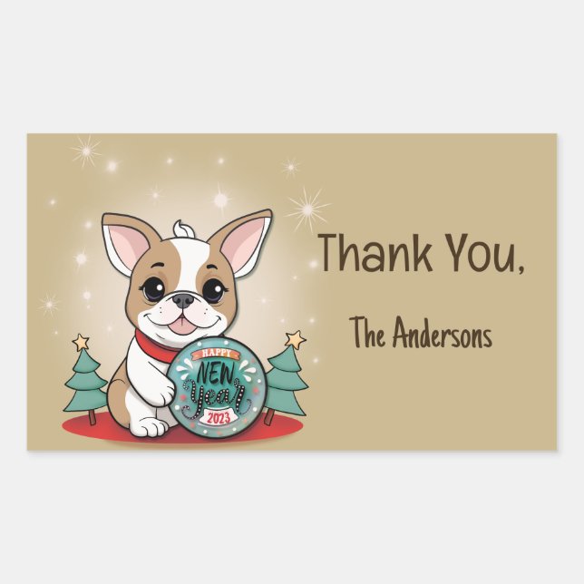 Sticker Rectangulaire Mignonne Chien-taureau Français Bonne Année (Devant)