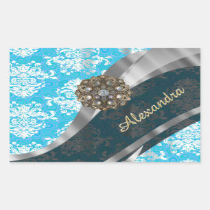 Sticker Rectangulaire Modèle personnalisé bleu pâle joli girly damassé