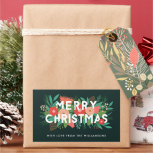 Sticker Rectangulaire Moderne Gras Floral Joyeux Noël Nom Vert