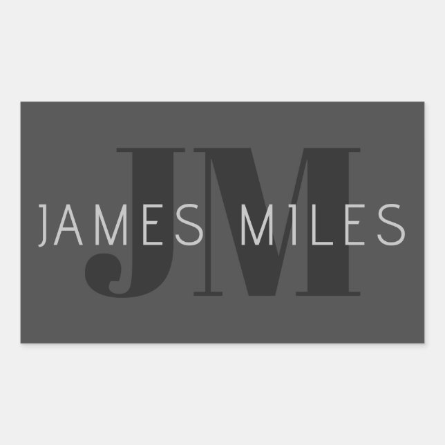 Sticker Rectangulaire Moderne gris foncé et noir Nom et monogramme modif (Devant)