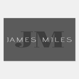 Sticker Rectangulaire Moderne gris foncé et noir Nom et monogramme modif