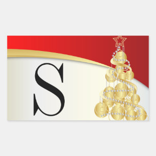 Sticker Rectangulaire Monogram Gold & Red Merry Christmas
