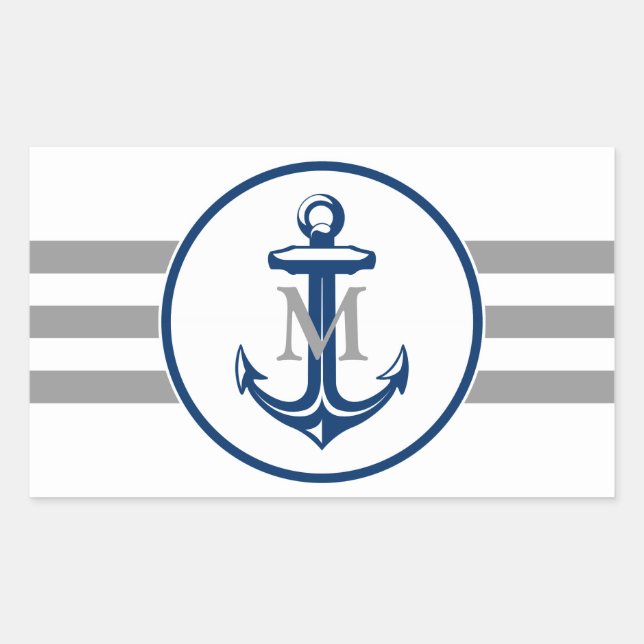 Sticker Rectangulaire Monogramme | Ancre bleue marine (Devant)