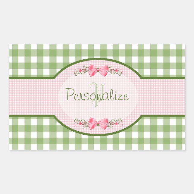 Sticker Rectangulaire Monogramme En vichy Vert Fille Avec Nom (Devant)