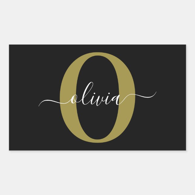 Sticker Rectangulaire Monogramme personnalisé Nom du script Black White  (Devant)