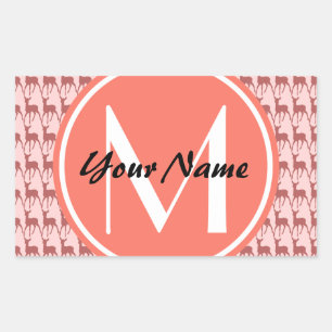 Sticker Rectangulaire Monogramme Saumon rose cerf, nom personnalisé
