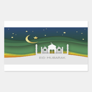 Sticker Rectangulaire Mosquée coupée en papier moderne de l'Aïd Moubarak