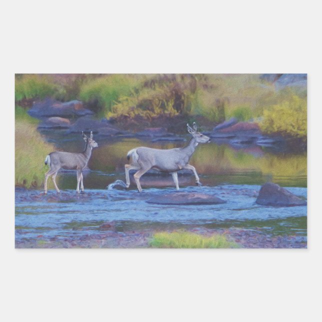 Sticker Rectangulaire Mule Deer Doe et Fawn (Devant)