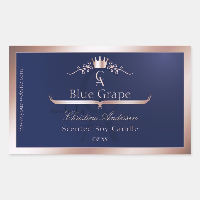 Sticker Rectangulaire Navy Blue Product Label Rose Gold Frame Monogram (Devant)