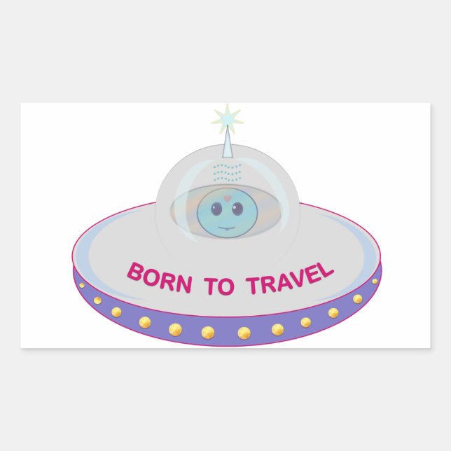 Sticker Rectangulaire Né pour voyager mignon alien & soucoupe volante (Devant)