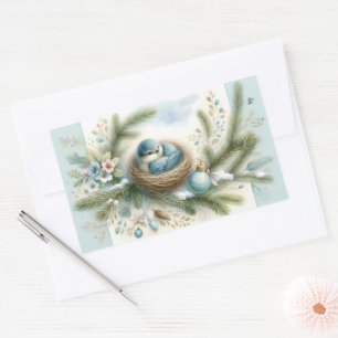 Sticker Rectangulaire Nid d'oiseau bleu avec des ornements dans les pins