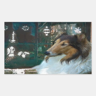 Sticker Rectangulaire Noël Collie à la fenêtre