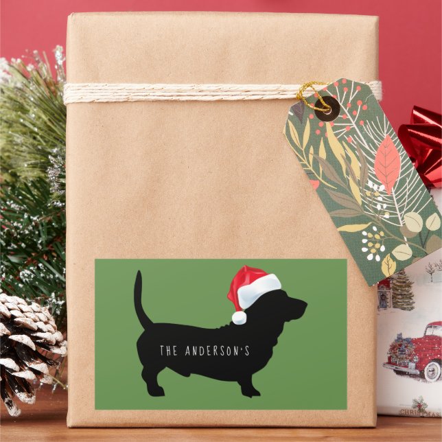 Sticker Rectangulaire Noël Dachshund Santa Hat Monogramme (vacances)