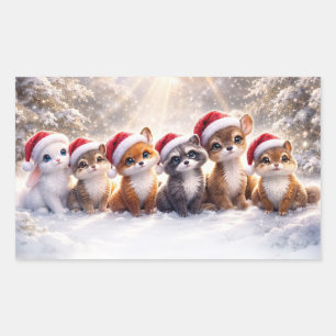 Sticker Rectangulaire Noël Vacances Animaux Sauvages Mignons Chapeau de
