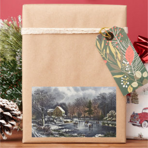 Sticker Rectangulaire Noël vintage, Patineurs de début d'hiver sur un ét