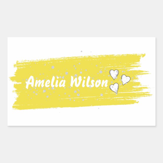 Sticker Rectangulaire Nom long personnalisé jaune parties scintillant (Devant)