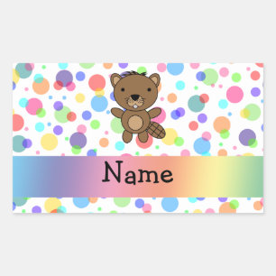 Sticker Rectangulaire Nom personnalisé castor pois arc-en-ciel