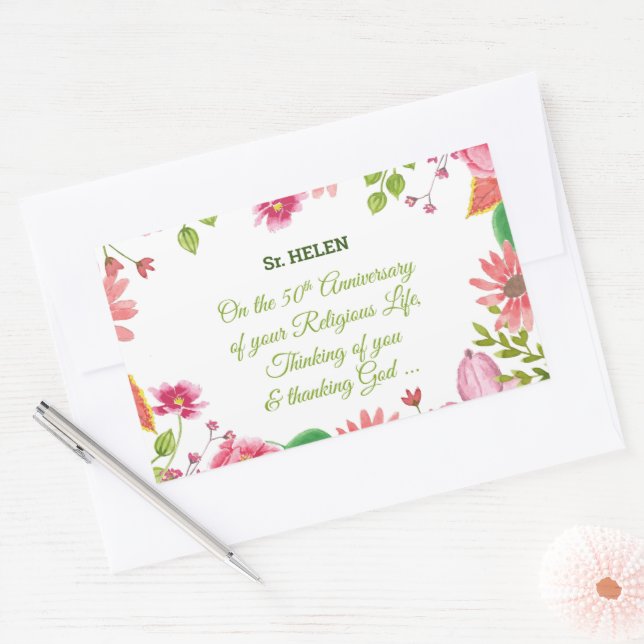 Sticker Rectangulaire Nun Religious 50e Anniversaire Fleurs aquarelles (Enveloppe)