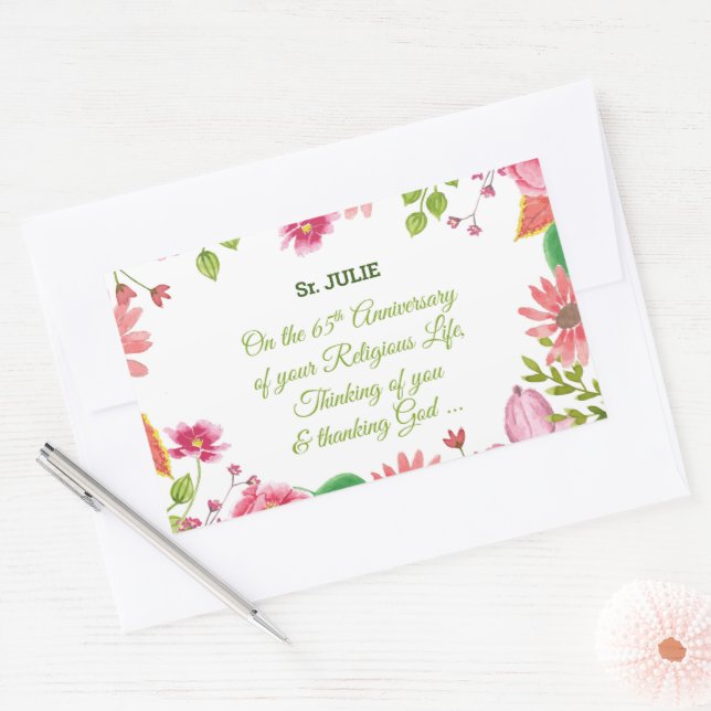 Sticker Rectangulaire Nun Religious 65e Anniversaire Fleurs aquarelles (Enveloppe)