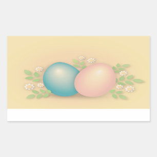 Sticker Rectangulaire OEufs de pâques bleus et roses et fleurs de printe