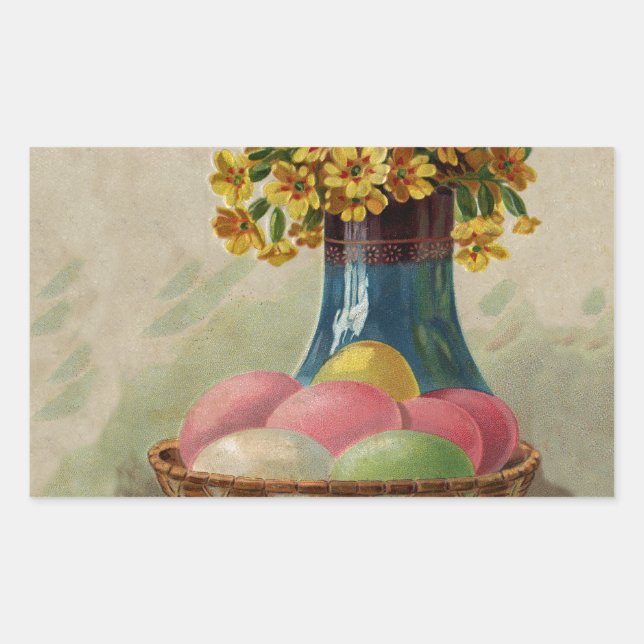 Sticker Rectangulaire Oeufs Pâques Panier Fleurs Antique (Devant)