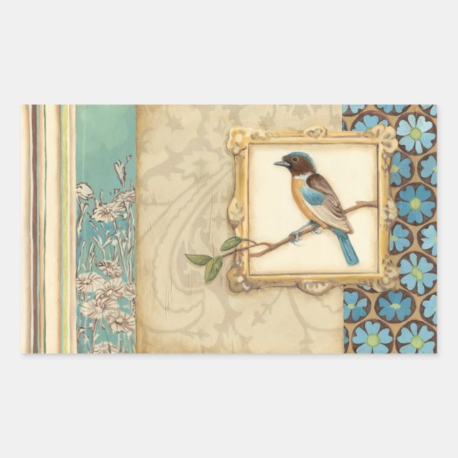 Sticker Rectangulaire Oiseau Brown et bleu sur une branche (Devant)