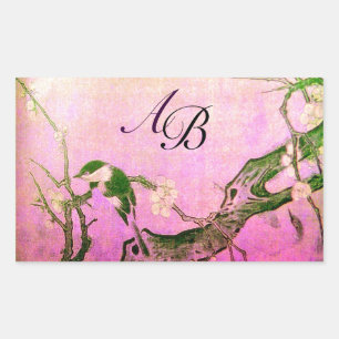 STICKER RECTANGULAIRE OISEAU DE PRINTEMPS ET MONOGRAMME D'ARBRE FLEURIER
