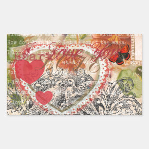 Sticker Rectangulaire Oiseaux de l'amour Cœur Rouge Collage d'art