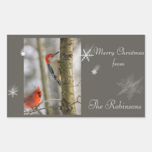 Sticker Rectangulaire Oiseaux rouges Cardinal Pic de neige Flake Noël