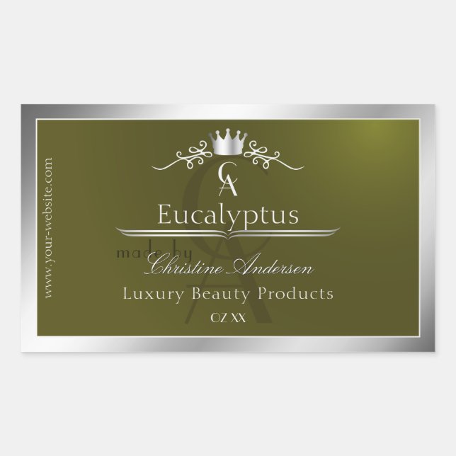 Sticker Rectangulaire Olive Green Product Label Silver Frame Monogram (Devant)