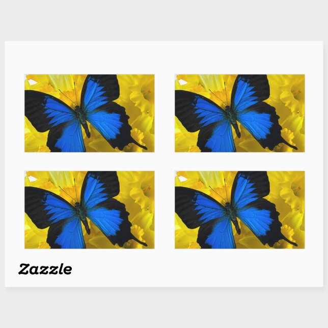 Sticker Rectangulaire Papillon bleu sur les jonquilles (Feuille)